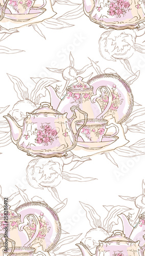 Dishes, teapot, saucer, cup. Vector illustration. Seamless pattern.