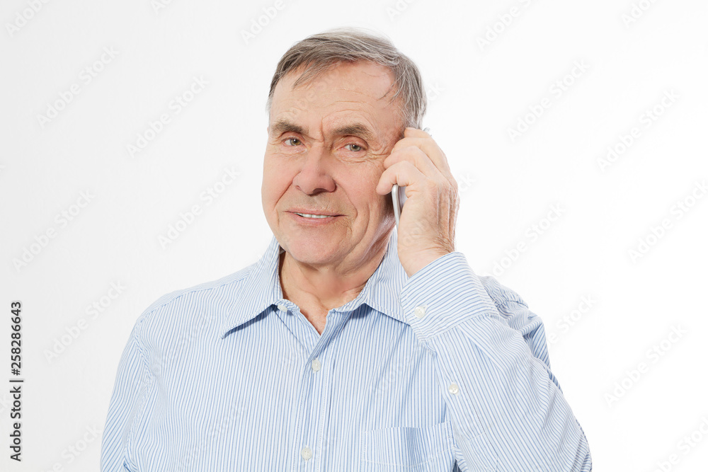 Happy Senior man talking on phone isolated on white backgrpund. Old Businessman has conversation. Male wrinkled face closeup. Copy space Happy Senior man talking on phone isolated on white backgrpund. Old Businessman has conversation. Male wrinkled face closeup. Copy space