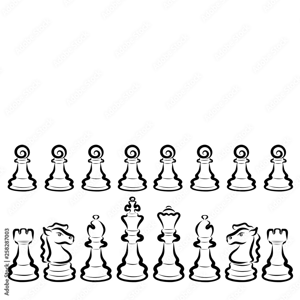 set of chess pieces, black contour on white background set of chess pieces, black contour on white background