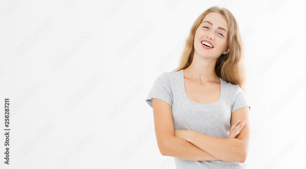 Young blonde woman with fit slim body in blank template t shirt and jeans isolated on white background. Skin and hair care. Copy space and mock up Young blonde woman with fit slim body in blank template t shirt and jeans isolated on white background. Skin and hair care. Copy space and mock up