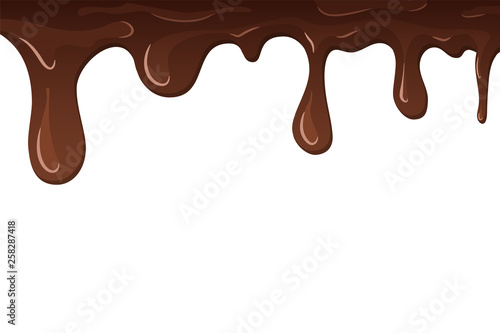 Dripping chocolate. Drips chocolate, isolated white background. Melt fluid sweet dessert. Tasty splash liquid, realistic 3D design. Brown delicious cream. Flowing trickle streams. Vector illustration