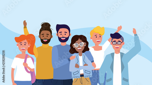 happy women and men friends with casual clothes