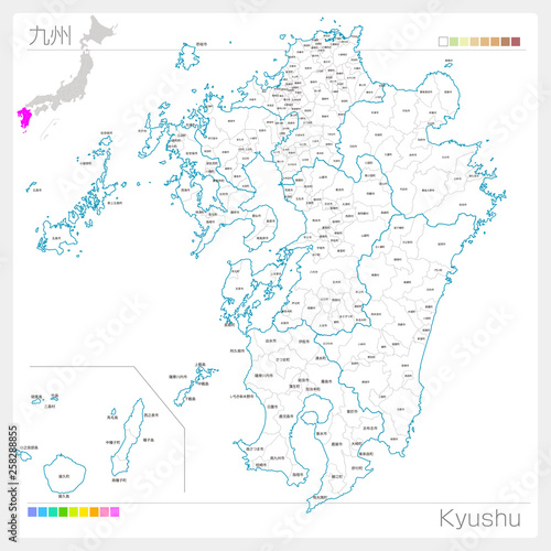 九州地方の地図・Kyushu（白地図風）