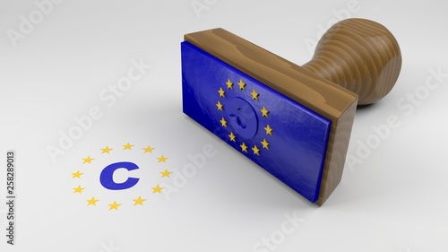 Wooden rubber stamp with the EU flag and a copyright symbol