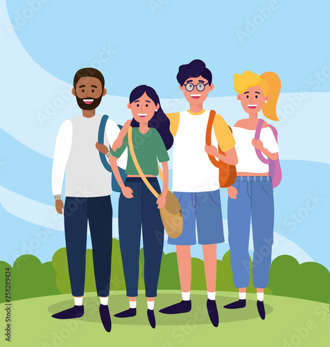 university women and men with backpack to study