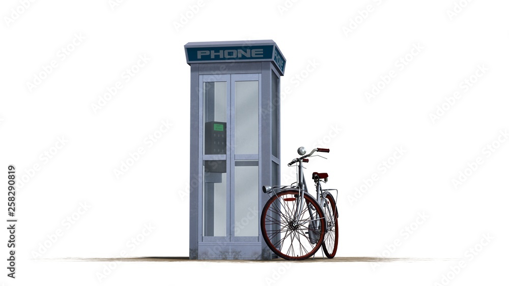 bicycle beside phone box - separated on white background