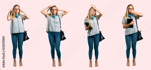 Set of student young blonde girl