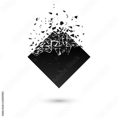 Black rhombus explosion. A square with debris isolated on white background. Dynamic abstract template with copy space for your text. Vector.