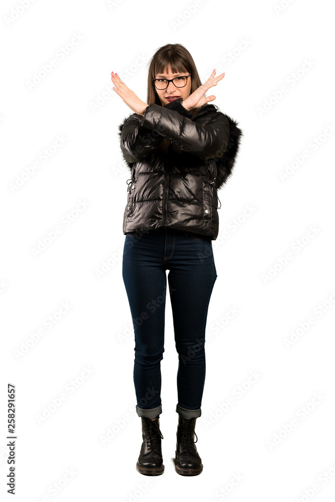 Full-length shot of Woman with glasses making NO gesture Full-length shot of Woman with glasses making NO gesture