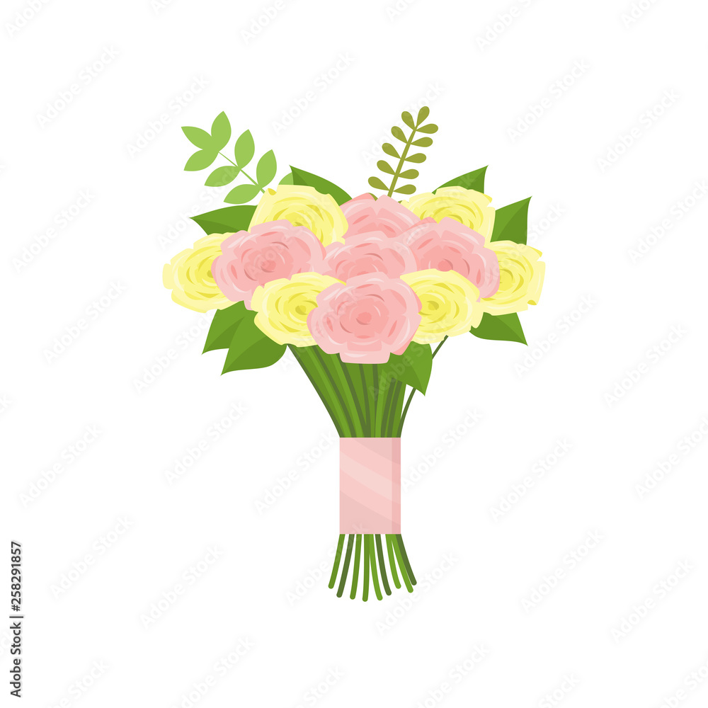Obraz premium Nice bouquet of pink and yellow roses tied with ribbon on empty background