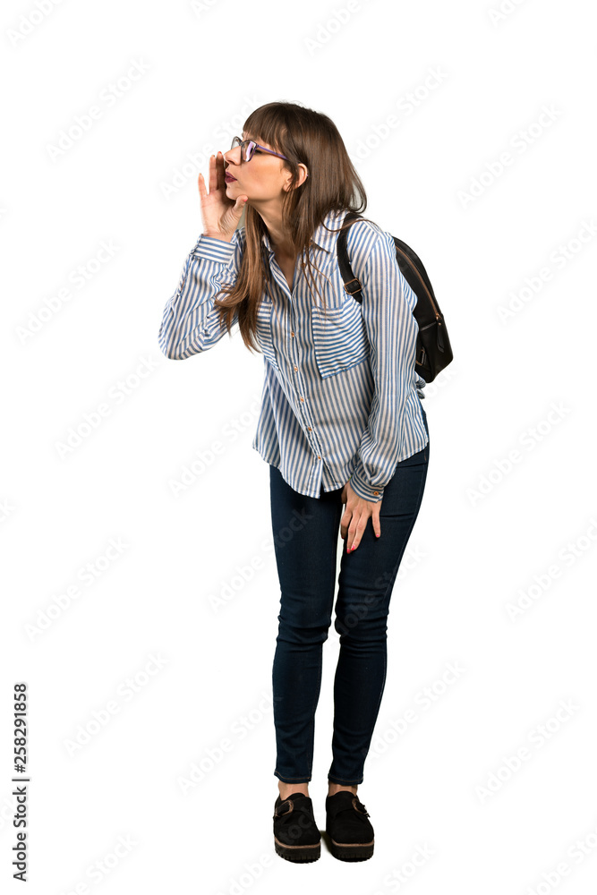 Full-length shot of Woman with glasses shouting with mouth wide open to the lateral Full-length shot of Woman with glasses shouting with mouth wide open to the lateral