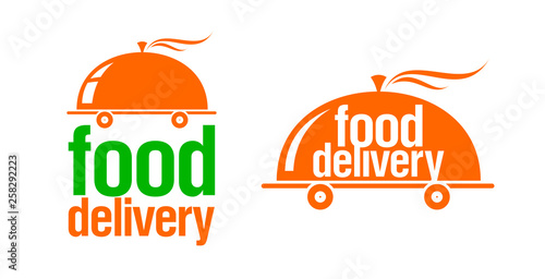 Food delivery signs or logos set, cloche on wheels