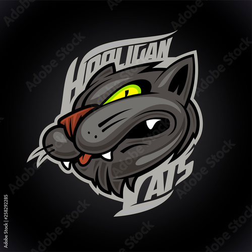 Hooligan cats logo design concept on dark background, sport infographic team pictogram, t-shirt tee print