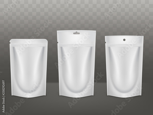 Goods polyethylene packaging types 3d realistic vector set isolated on grey background. Various polythene sachet, sealed, disposable packets with fastener, hang hole and tag for food products