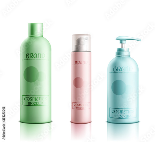 Skincare cosmetics products line packaging mockup 3d realistic vector isolated on white background. Color shampoo, lotion tube, liquid soap bottle with dispenser, deodorant sprayer illustration