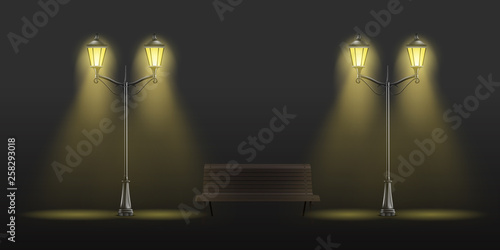 Vintage street lights glowing with yellow light and wooden bench 3d realistic vector set isolated on black background. Retro architecture design elements Victorian era lamppost, lantern illustration