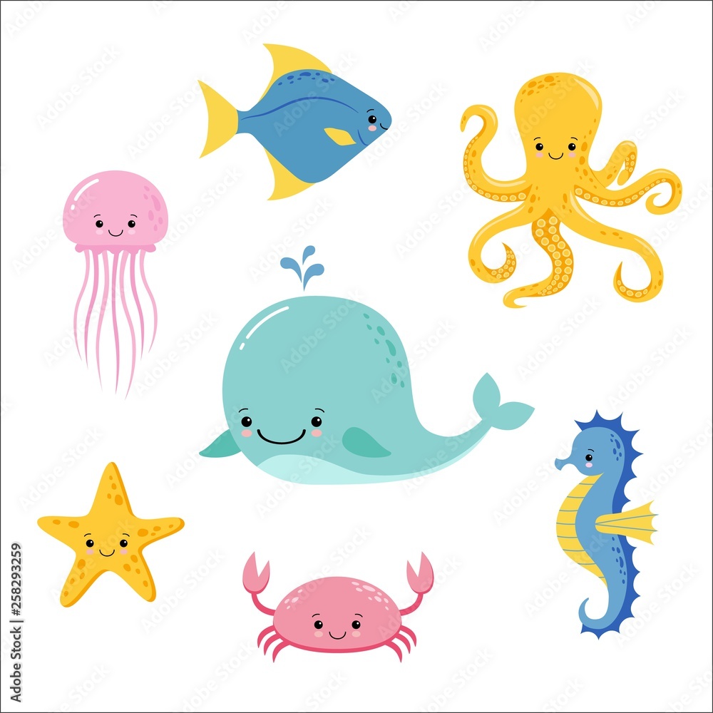 Cute baby sea fishes. Vector cartoon underwater animals collection. Jellyfish and starfish, ocean and sea life illustration Cute baby sea fishes. Vector cartoon underwater animals collection. Jellyfish and starfish, ocean and sea life illustration