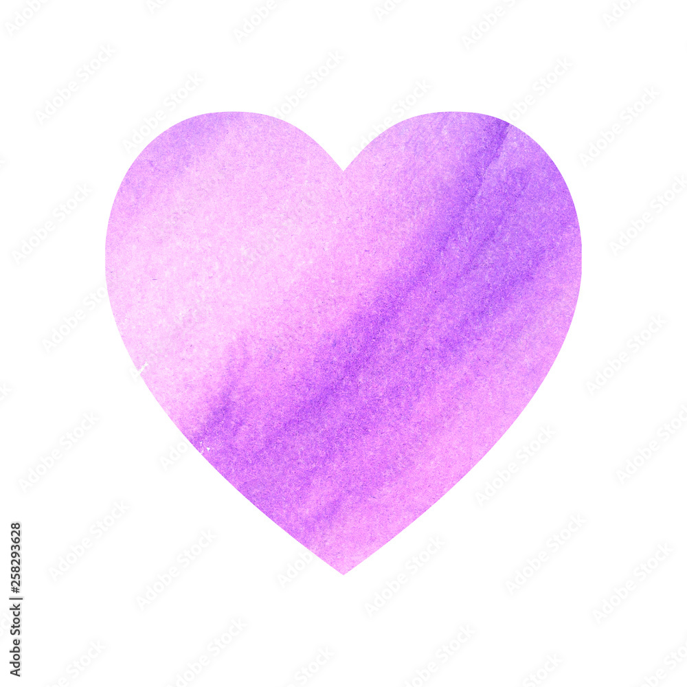 Watercolor violet pink heart. Isolated love icon. Cute valentine card.