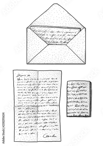 Letter mail illustration, drawing, engraving, ink, line art, vector