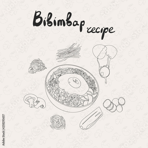 IIllustration for recipe bibimbap. Bibimbap korean traditional dish with fried egg. Asian cuisine. Set of bibimbap products. Hand drawn vector outline illustration.