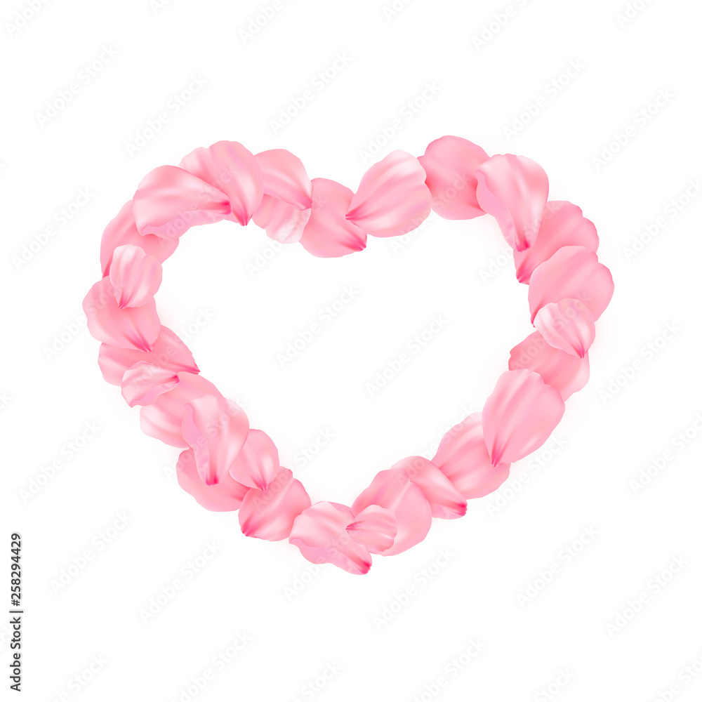 Pink sakura heart petals vector background. 3D romantic illustration. Isolated heart in sakura pental