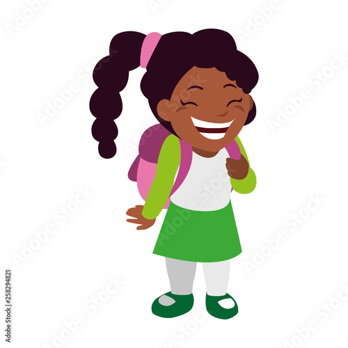 happy little black schoolgirl with schoolbag character