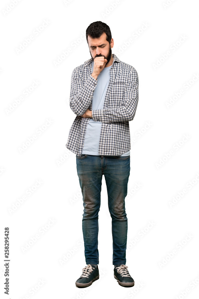 Handsome man with beard is suffering with cough and feeling bad over isolated white background Handsome man with beard is suffering with cough and feeling bad over isolated white background