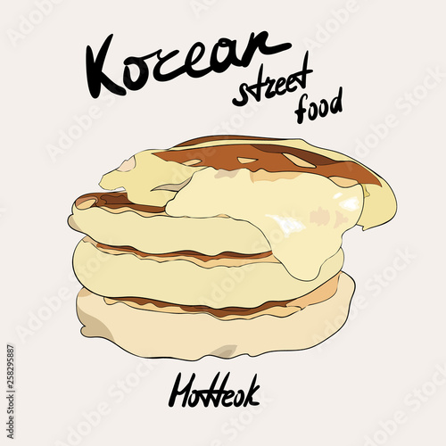 Korean street food dish hotteok. Korean traditional dish. Pancake with cheese. Vector hand drawn illustration.