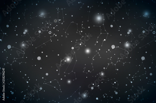 Realistic dark night sky with many stars and constellations, detailed background