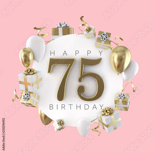 Photography Happy 75th birthday party composition with balloons and presents