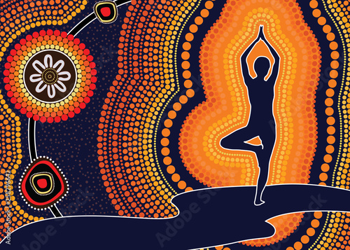 Illustration based on aboriginal style of dot background. Fitness and meditation concept