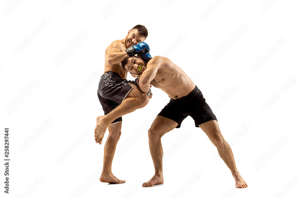 MMA. Two professional fightesr punching or boxing isolated on white studio background. Couple of fit muscular caucasian athletes or boxers fighting. Sport, competition, excitement and human emotions MMA. Two professional fightesr punching or boxing isolated on white studio background. Couple of fit muscular caucasian athletes or boxers fighting. Sport, competition, excitement and human emotions