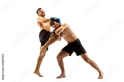 MMA. Two professional fightesr punching or boxing isolated on white studio background. Couple of fit muscular caucasian athletes or boxers fighting. Sport, competition, excitement and human emotions