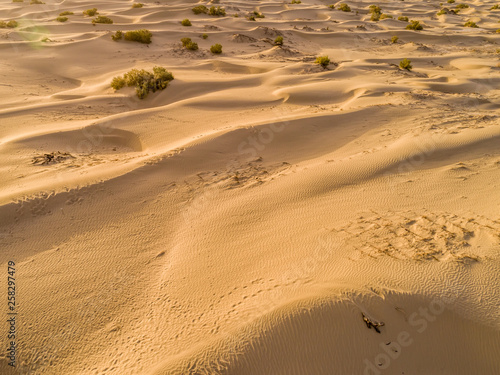 Sundown in desert.Big sand dunes panorama. Desert or beach sand textured background. 