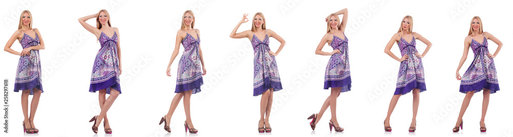 Beautiful woman in purple dress isolated on white Beautiful woman in purple dress isolated on white