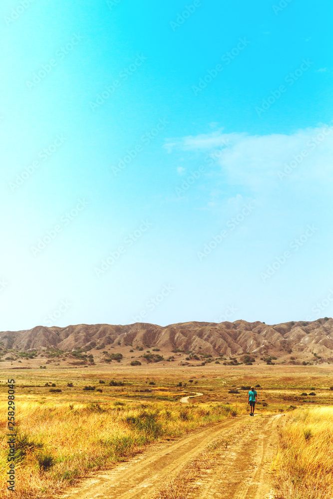 Fototapeta premium Young alone traveler guy walks wandering on hot savannah. Travel lifestyle