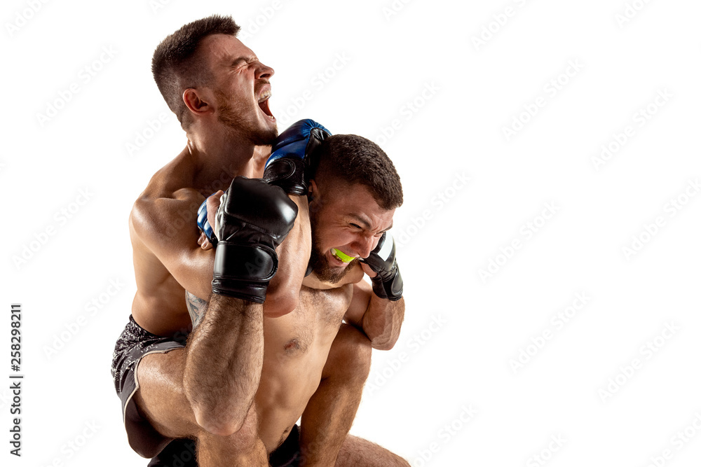 MMA. Two professional fightesr punching or boxing isolated on white ...