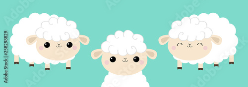 Sheep lamb face head icon set. Sleeping eyes. Cloud shape. Cute cartoon kawaii funny smiling baby character. Nursery decoration. Sweet dreams. Flat design. Blue background. Isolated.