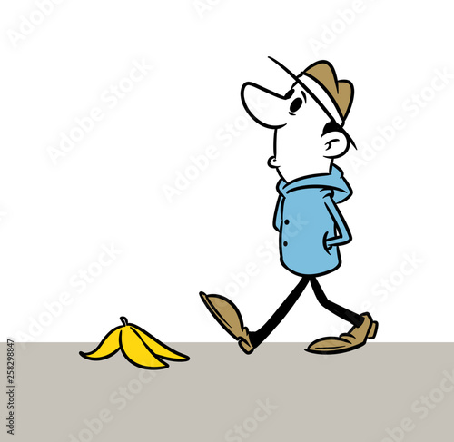 Minimalism illustration banana peel man unexpected trouble cartoon illustration photo