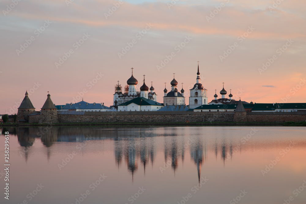 View of Solovetsky monastery in summer sunrise , Russia