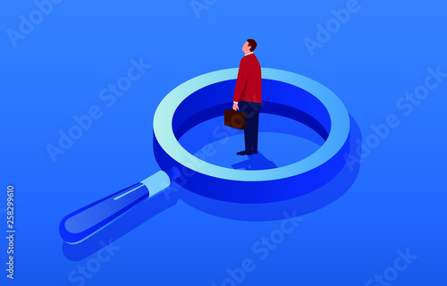 Assessment, businessman standing on the magnifying glass