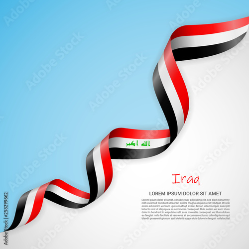 Vector banner in white and blue colors and waving ribbon with flag of Iraq. Template for poster design, brochures, printed materials, logos, independence day. National flags