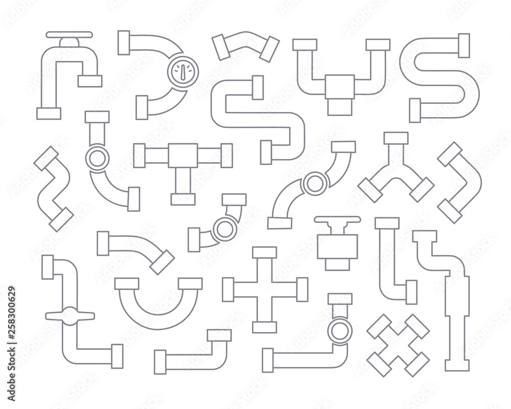 Set of pipeline element in line art style, contour vector icons collection on white background.