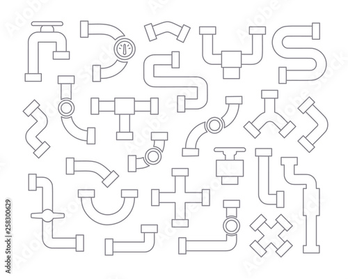 Set of pipeline element in line art style, contour vector icons collection on white background.