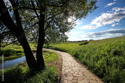 stone-paved path across the field