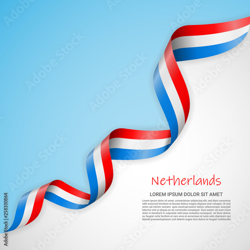 Vector banner in white and blue colors and waving ribbon with flag of Netherlands. Template for poster design, brochures, printed materials, logos, independence day. National flags