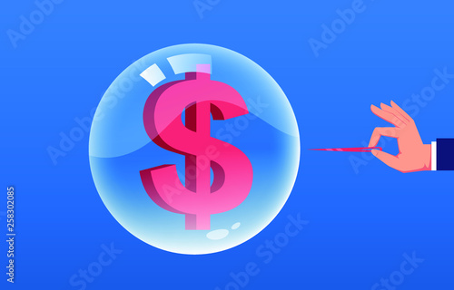 Broken, hand holding a needle to pierce the bubble
