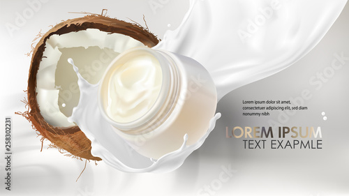 Cosmetic realistic vector background. White open jar with organic cream falling in milk splash near cracked coconut. Mock up promo banner, concept poster for natural cosmetics, organic product ad