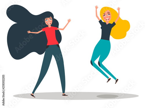 Happy young girls best friends. Girls jumping. Best friends concept. Vector illustration