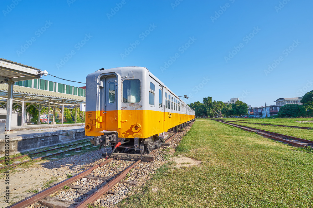 Naklejka premium Taitung, Taiwan - December 1, 2018: Old Taitung train were stop business and uses for historical show in outdoor museum at Taitung railway art village in Taiwan.